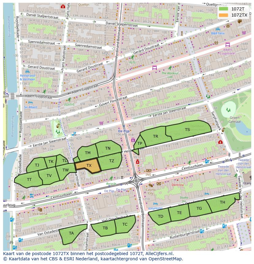 Afbeelding van het postcodegebied 1072 TX op de kaart.