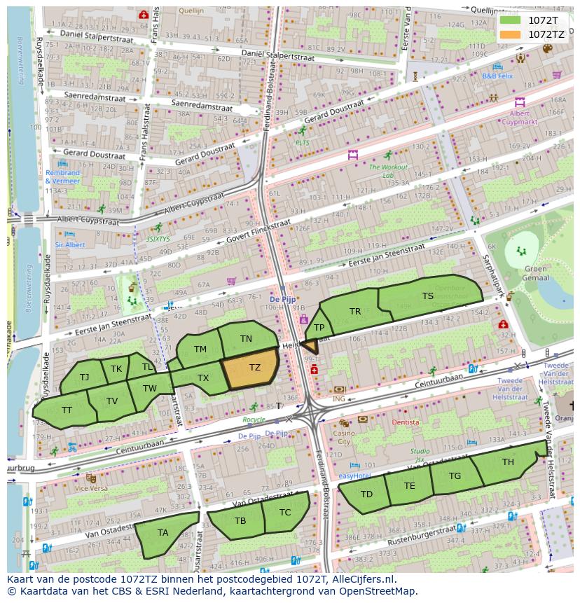 Afbeelding van het postcodegebied 1072 TZ op de kaart.