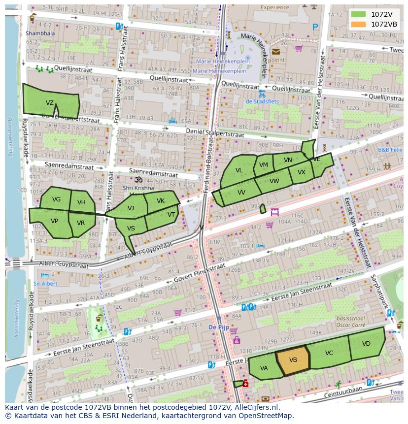 Afbeelding van het postcodegebied 1072 VB op de kaart.