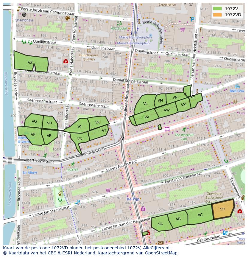 Afbeelding van het postcodegebied 1072 VD op de kaart.