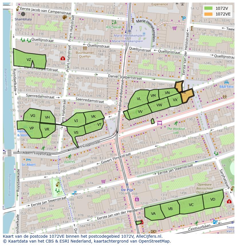 Afbeelding van het postcodegebied 1072 VE op de kaart.