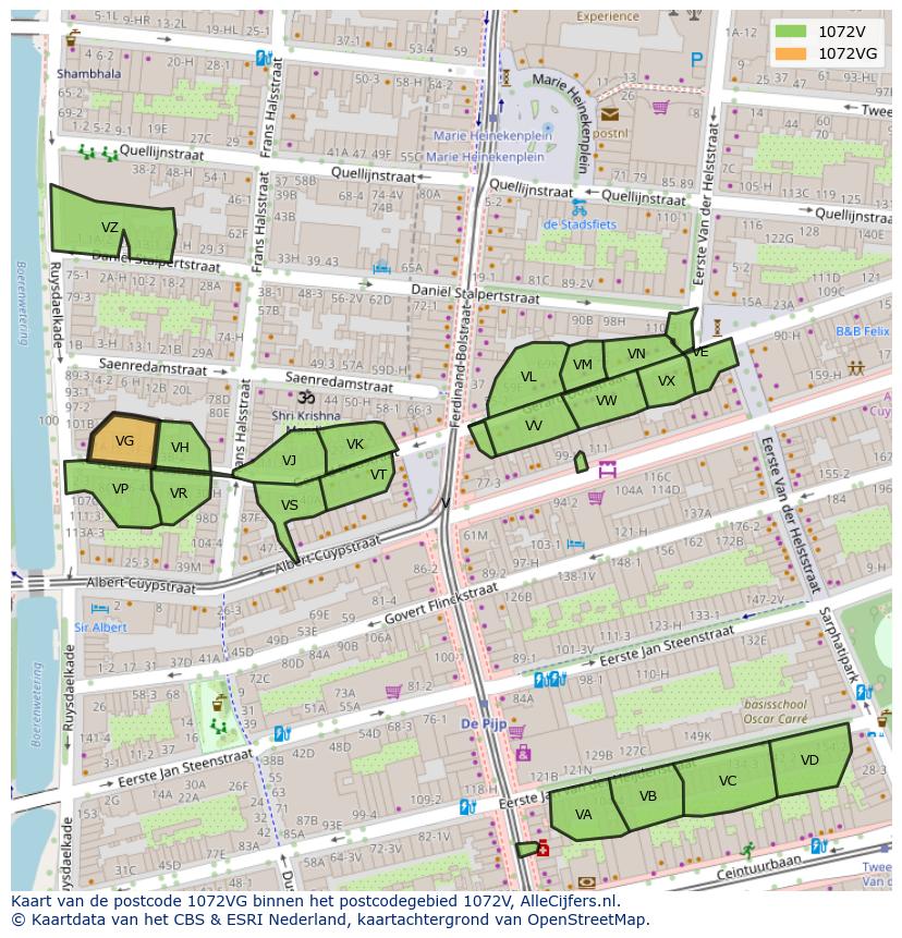 Afbeelding van het postcodegebied 1072 VG op de kaart.