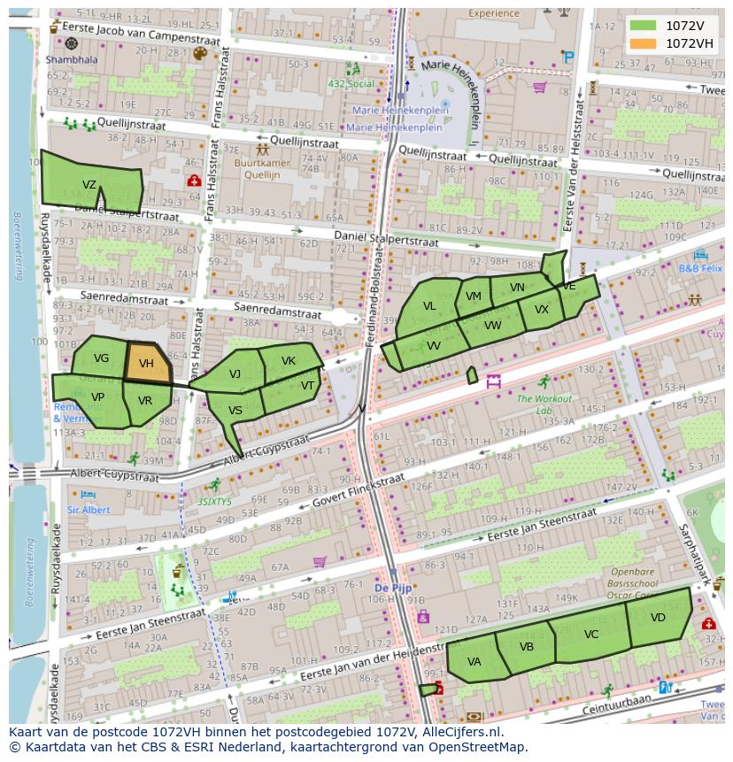 Afbeelding van het postcodegebied 1072 VH op de kaart.