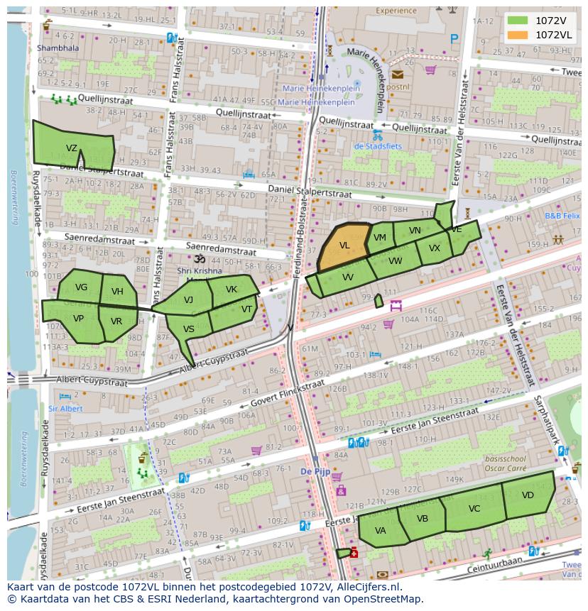 Afbeelding van het postcodegebied 1072 VL op de kaart.