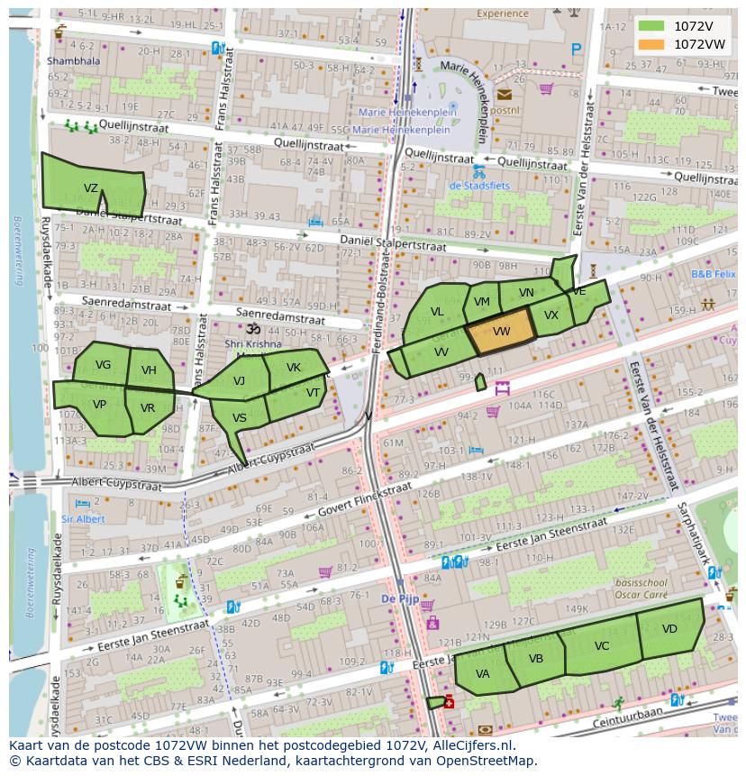 Afbeelding van het postcodegebied 1072 VW op de kaart.