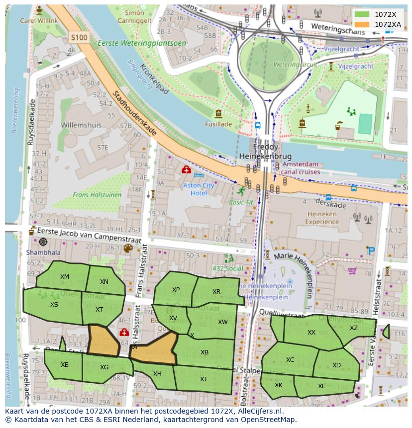 Afbeelding van het postcodegebied 1072 XA op de kaart.