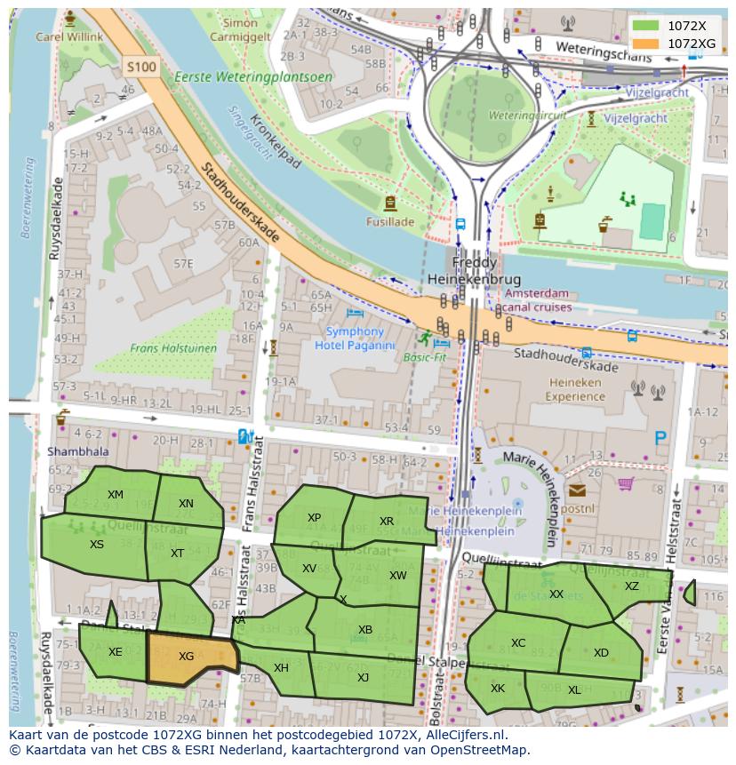 Afbeelding van het postcodegebied 1072 XG op de kaart.