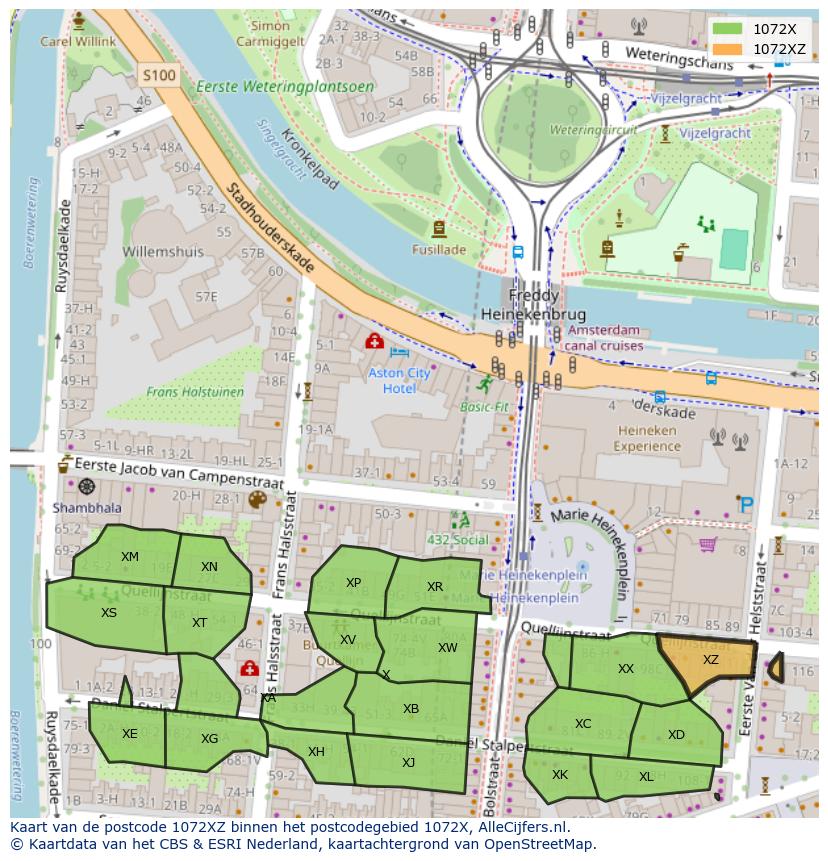 Afbeelding van het postcodegebied 1072 XZ op de kaart.