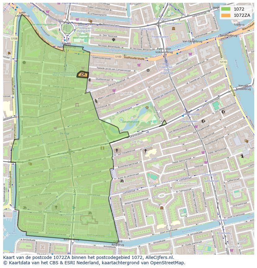 Afbeelding van het postcodegebied 1072 ZA op de kaart.