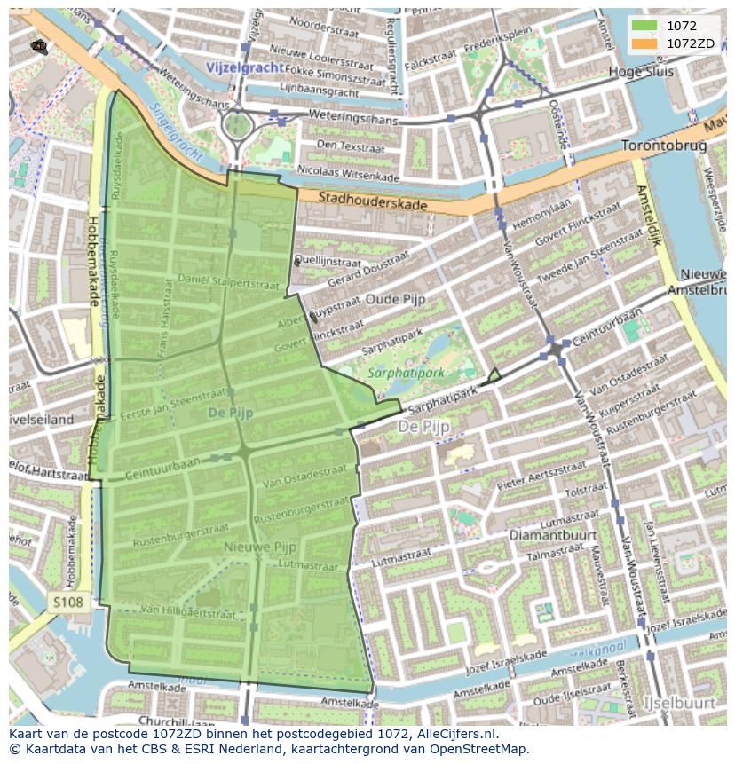 Afbeelding van het postcodegebied 1072 ZD op de kaart.