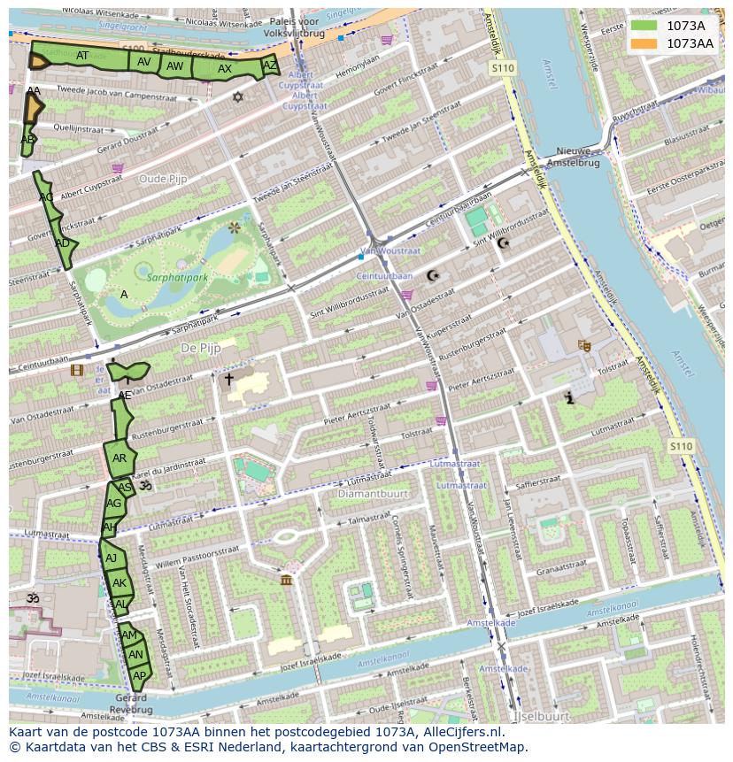 Afbeelding van het postcodegebied 1073 AA op de kaart.