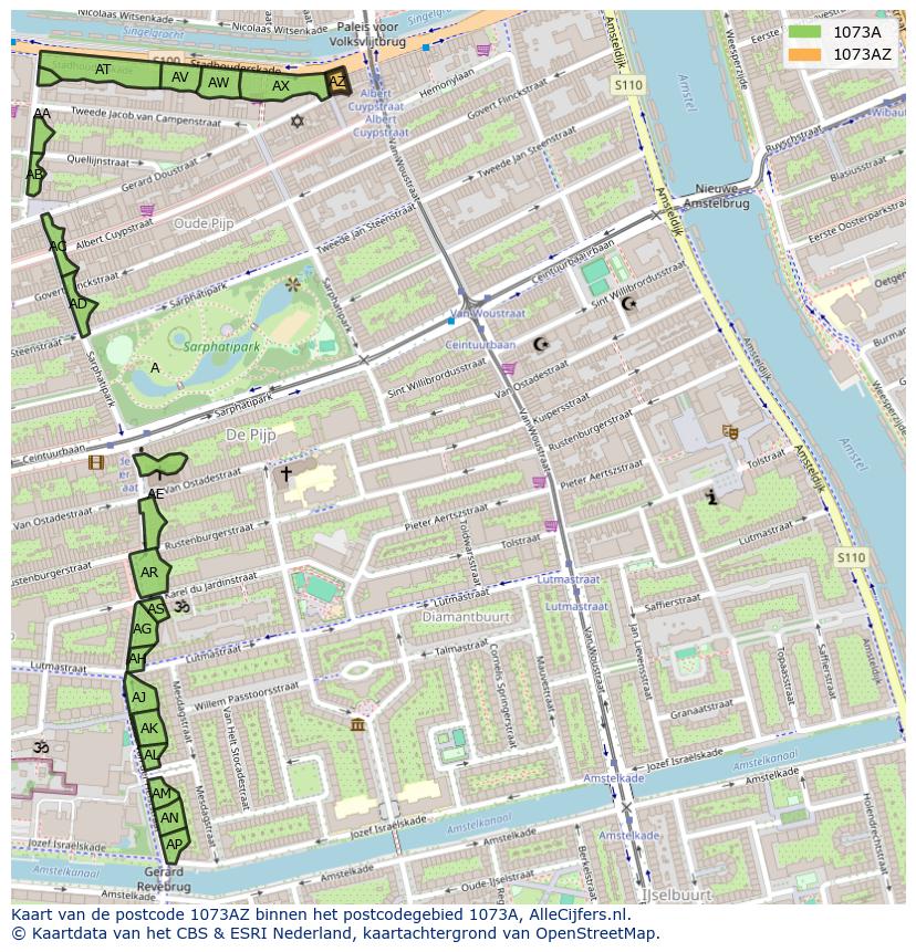 Afbeelding van het postcodegebied 1073 AZ op de kaart.