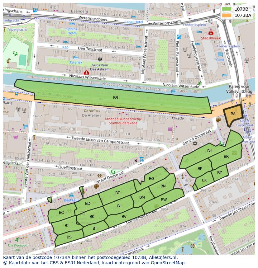 Afbeelding van het postcodegebied 1073 BA op de kaart.