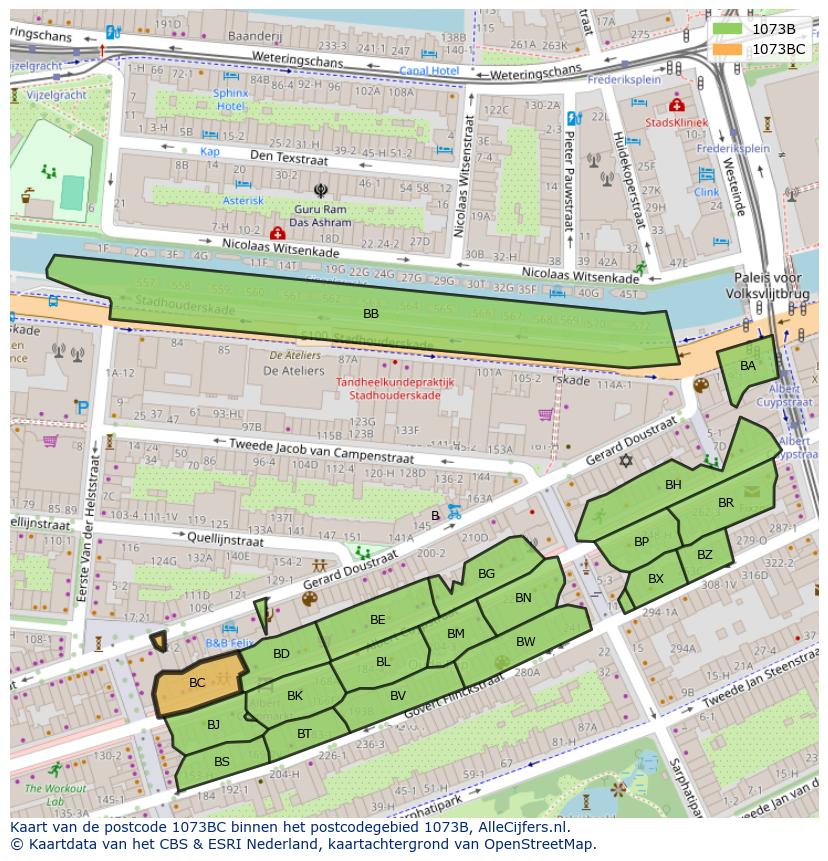 Afbeelding van het postcodegebied 1073 BC op de kaart.