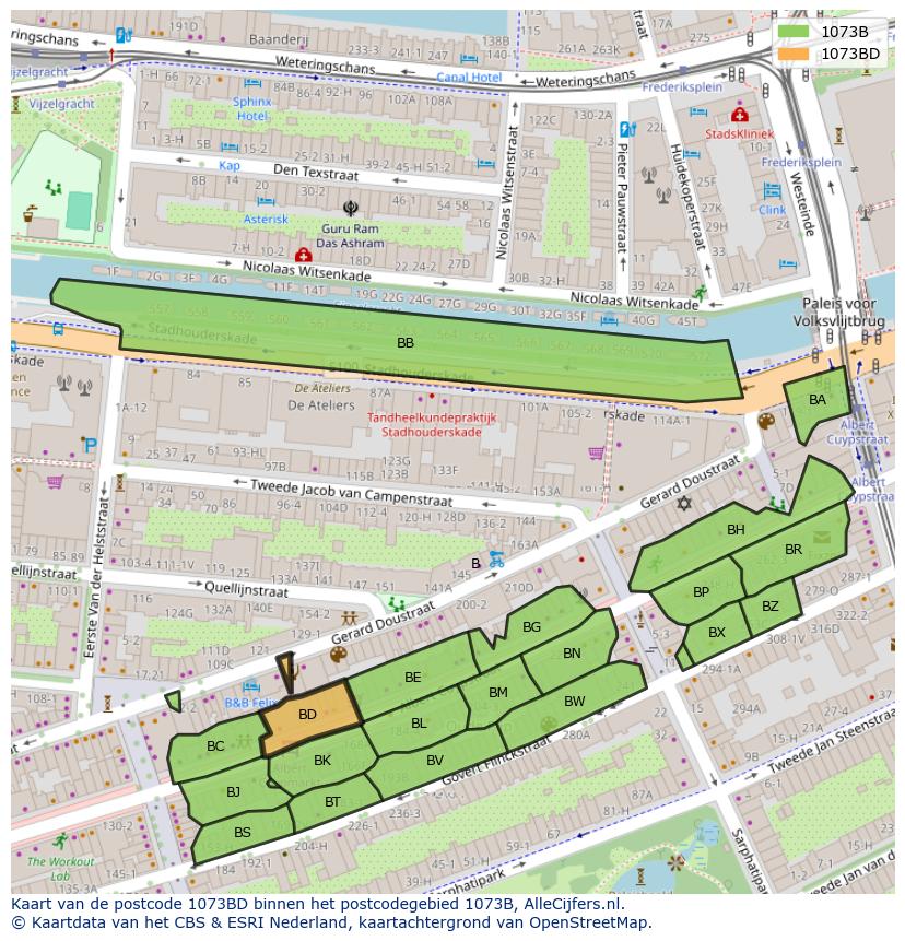 Afbeelding van het postcodegebied 1073 BD op de kaart.