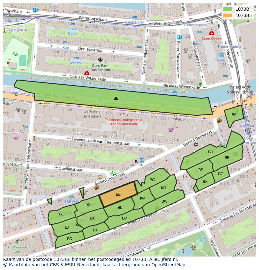 Afbeelding van het postcodegebied 1073 BE op de kaart.