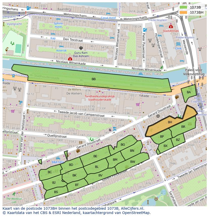 Afbeelding van het postcodegebied 1073 BH op de kaart.