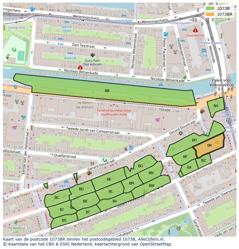 Afbeelding van het postcodegebied 1073 BR op de kaart.