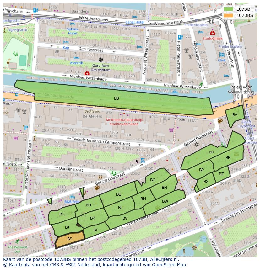 Afbeelding van het postcodegebied 1073 BS op de kaart.