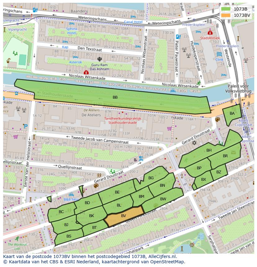 Afbeelding van het postcodegebied 1073 BV op de kaart.