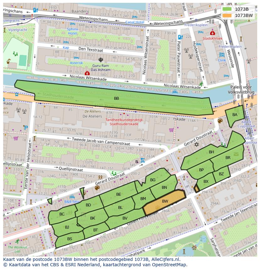 Afbeelding van het postcodegebied 1073 BW op de kaart.
