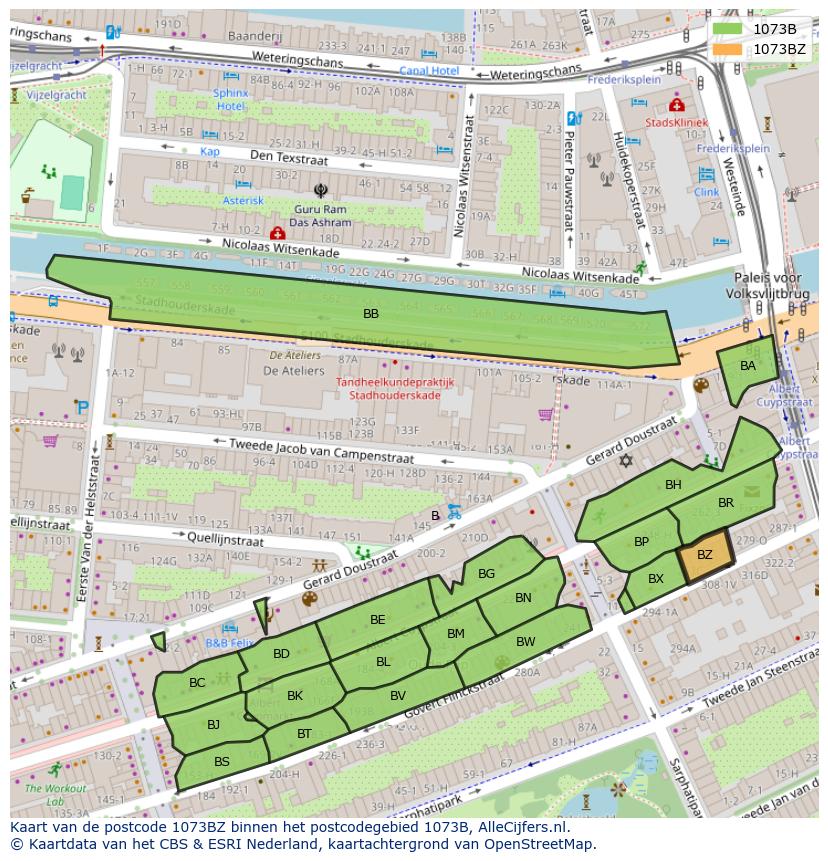 Afbeelding van het postcodegebied 1073 BZ op de kaart.