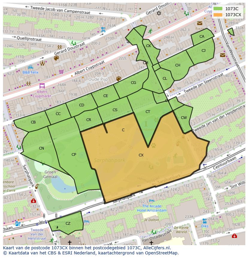 Afbeelding van het postcodegebied 1073 CX op de kaart.