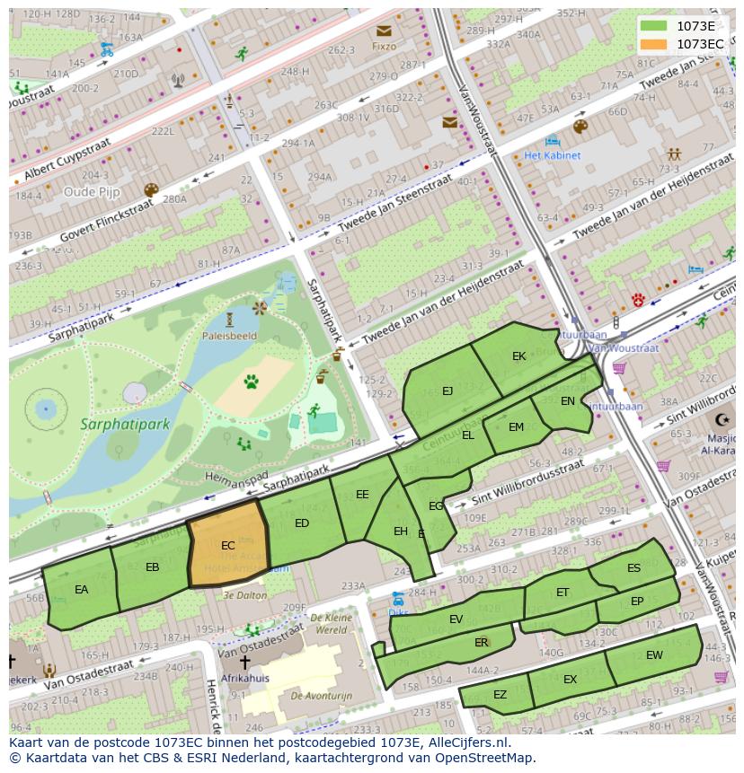 Afbeelding van het postcodegebied 1073 EC op de kaart.