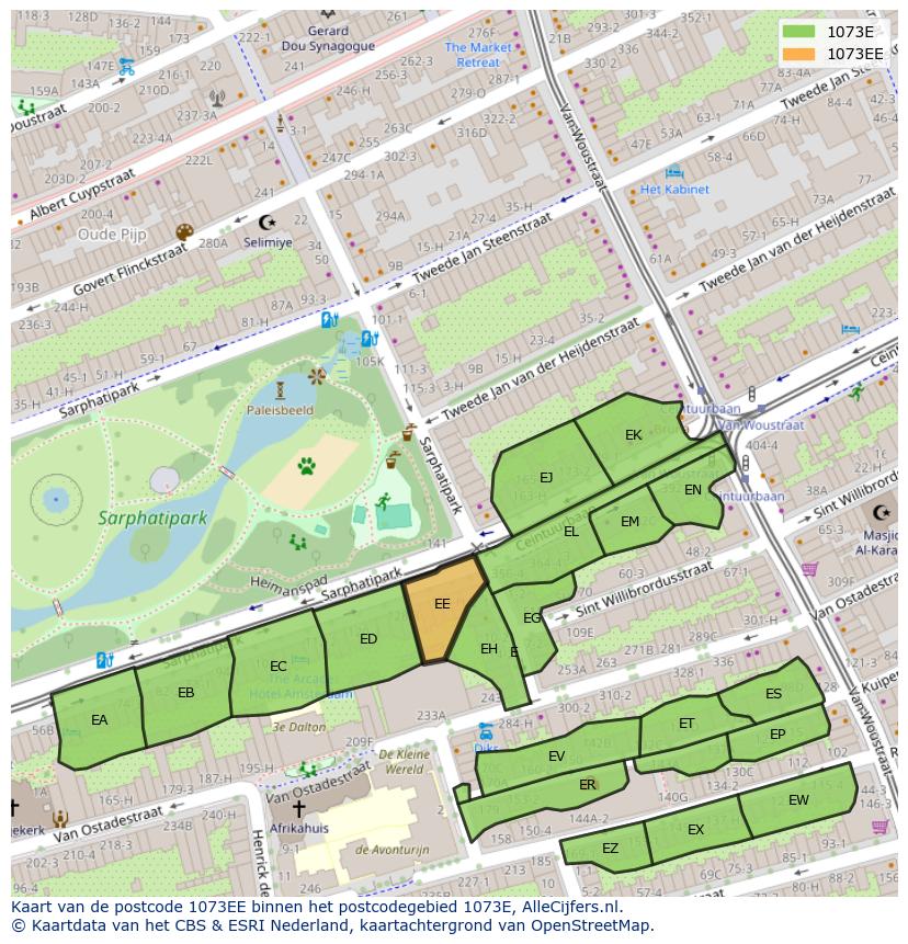 Afbeelding van het postcodegebied 1073 EE op de kaart.