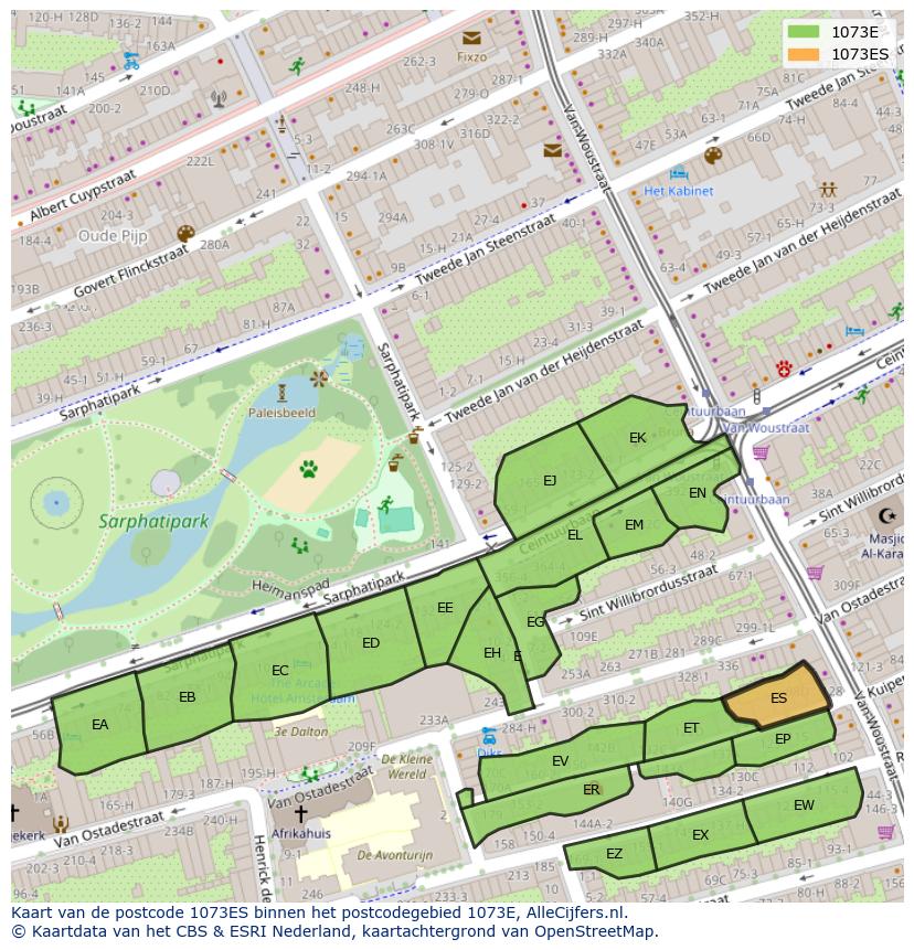 Afbeelding van het postcodegebied 1073 ES op de kaart.