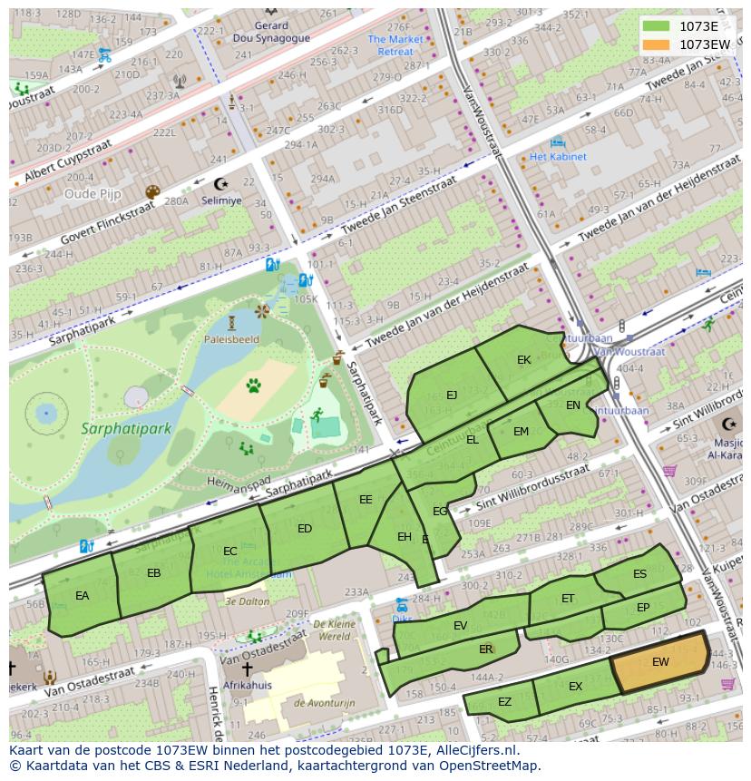 Afbeelding van het postcodegebied 1073 EW op de kaart.