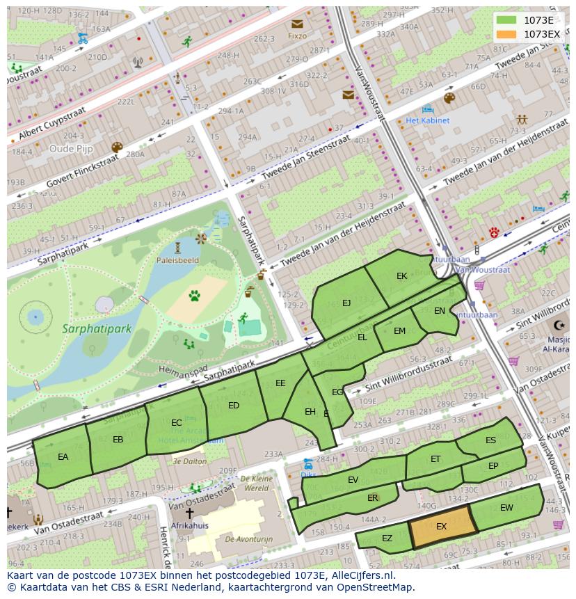 Afbeelding van het postcodegebied 1073 EX op de kaart.