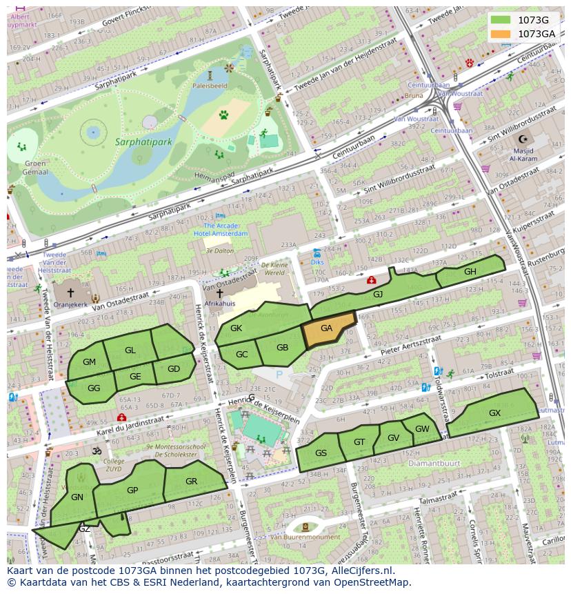 Afbeelding van het postcodegebied 1073 GA op de kaart.