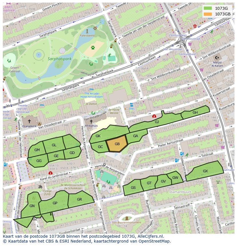 Afbeelding van het postcodegebied 1073 GB op de kaart.