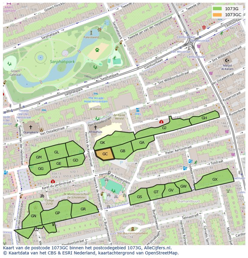 Afbeelding van het postcodegebied 1073 GC op de kaart.