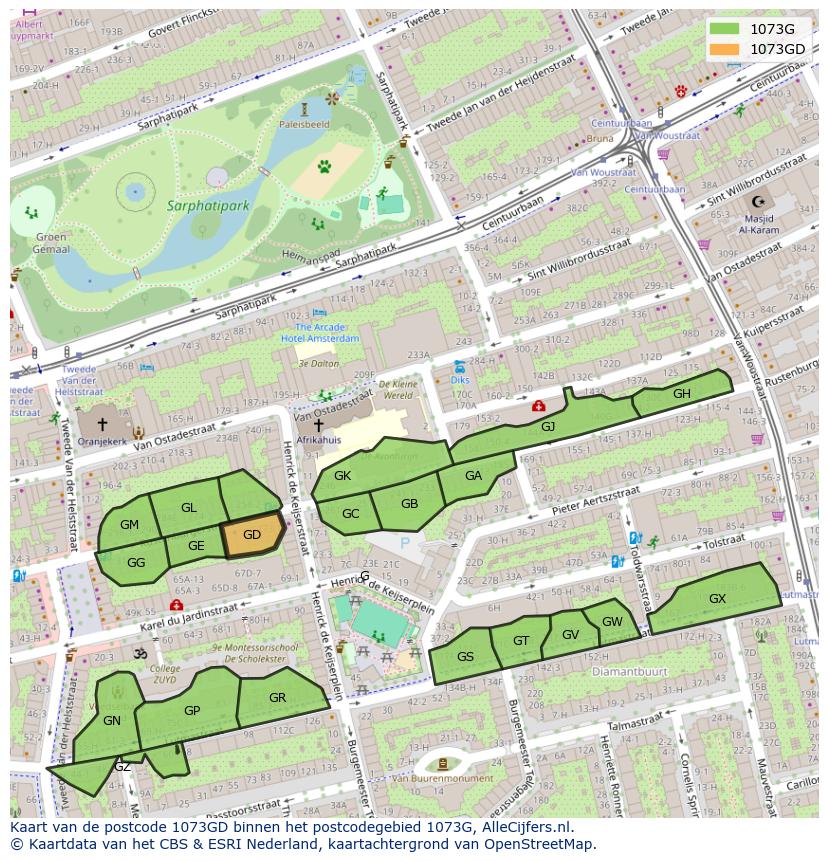 Afbeelding van het postcodegebied 1073 GD op de kaart.
