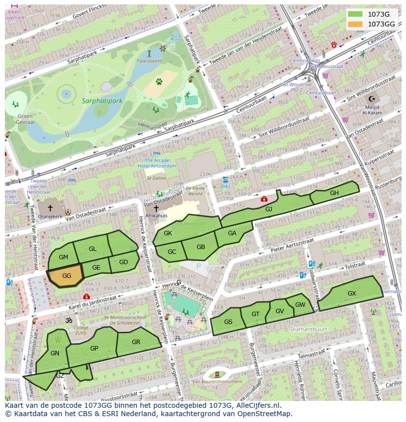 Afbeelding van het postcodegebied 1073 GG op de kaart.