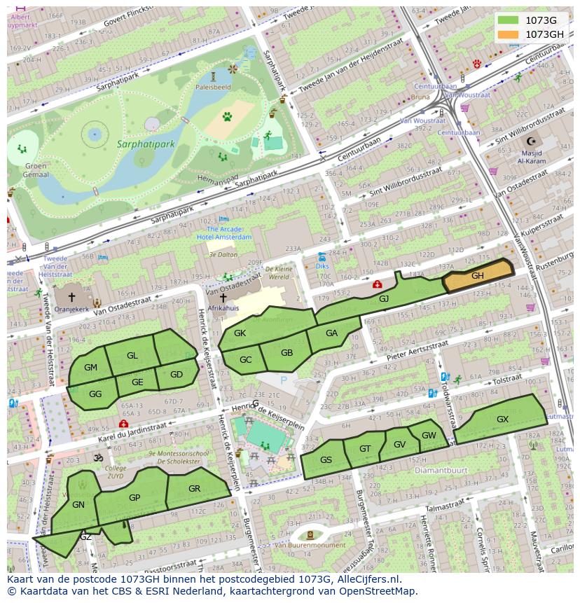 Afbeelding van het postcodegebied 1073 GH op de kaart.