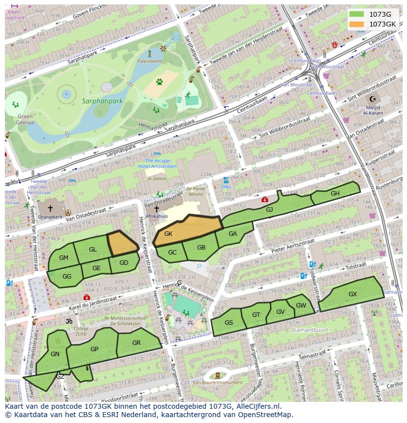 Afbeelding van het postcodegebied 1073 GK op de kaart.
