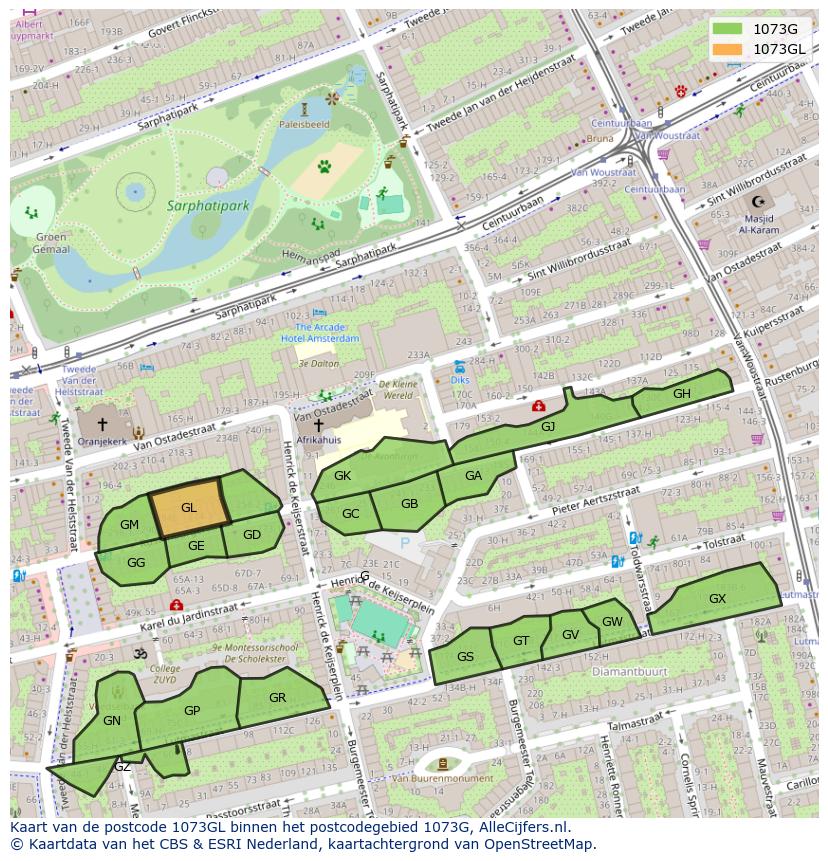 Afbeelding van het postcodegebied 1073 GL op de kaart.