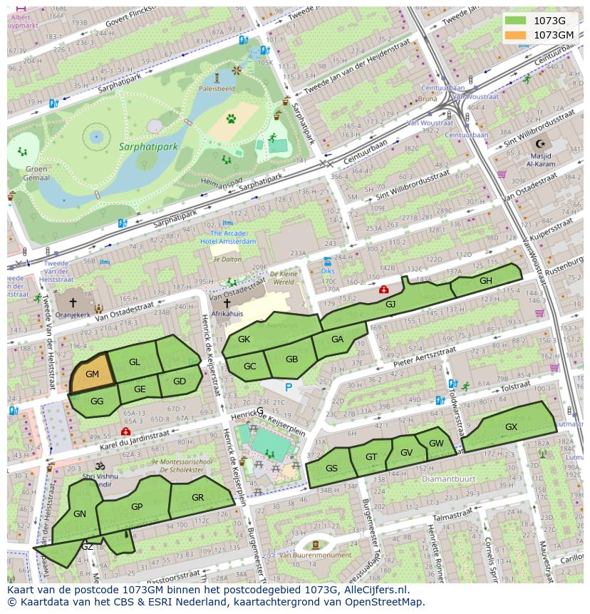 Afbeelding van het postcodegebied 1073 GM op de kaart.
