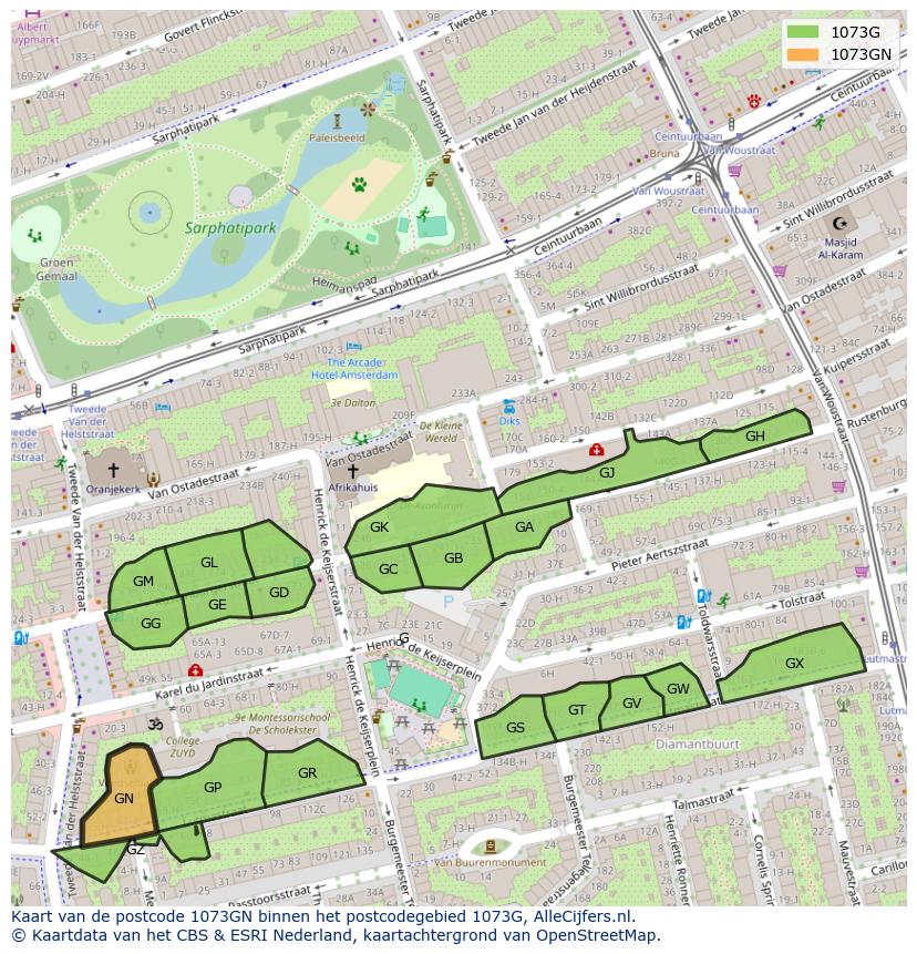 Afbeelding van het postcodegebied 1073 GN op de kaart.