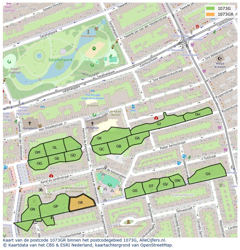 Afbeelding van het postcodegebied 1073 GR op de kaart.