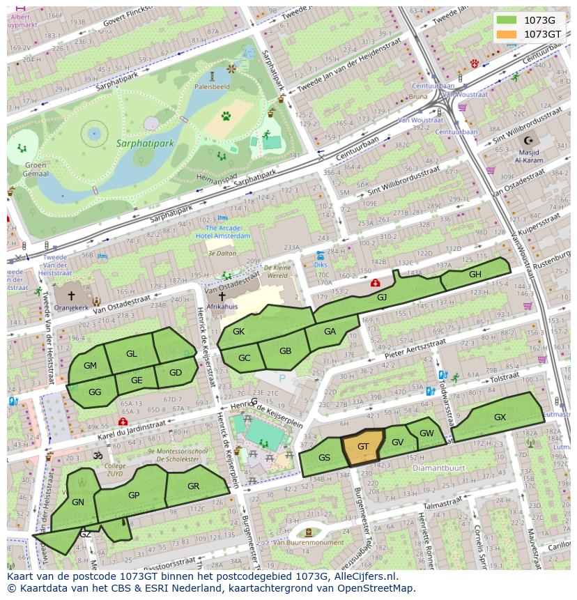 Afbeelding van het postcodegebied 1073 GT op de kaart.