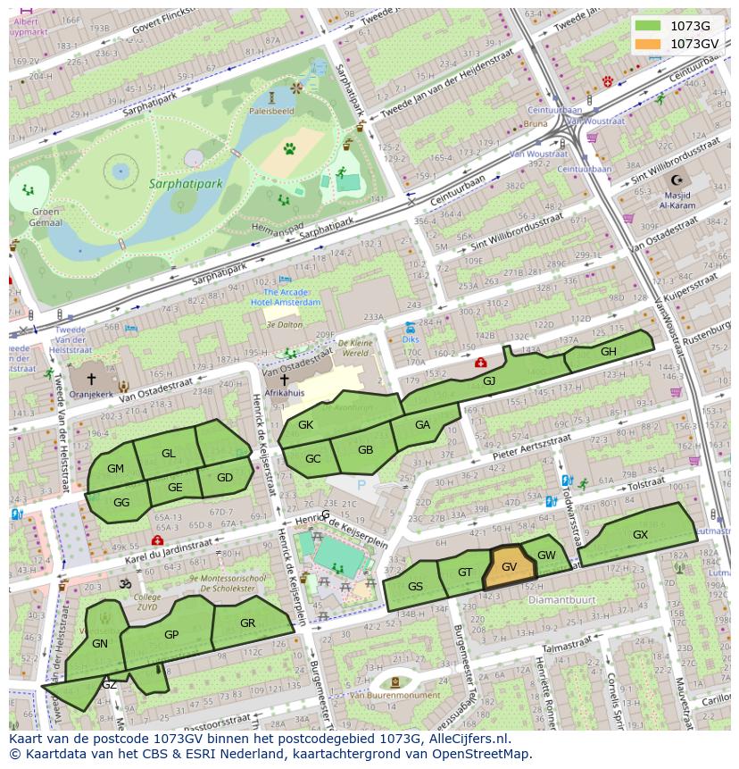Afbeelding van het postcodegebied 1073 GV op de kaart.