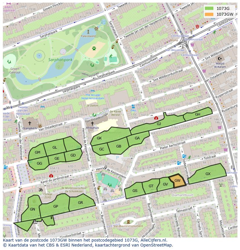 Afbeelding van het postcodegebied 1073 GW op de kaart.