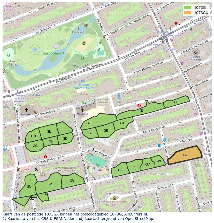 Afbeelding van het postcodegebied 1073 GX op de kaart.