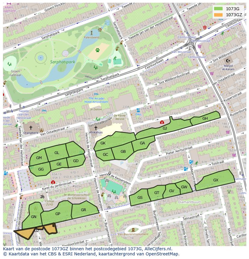Afbeelding van het postcodegebied 1073 GZ op de kaart.