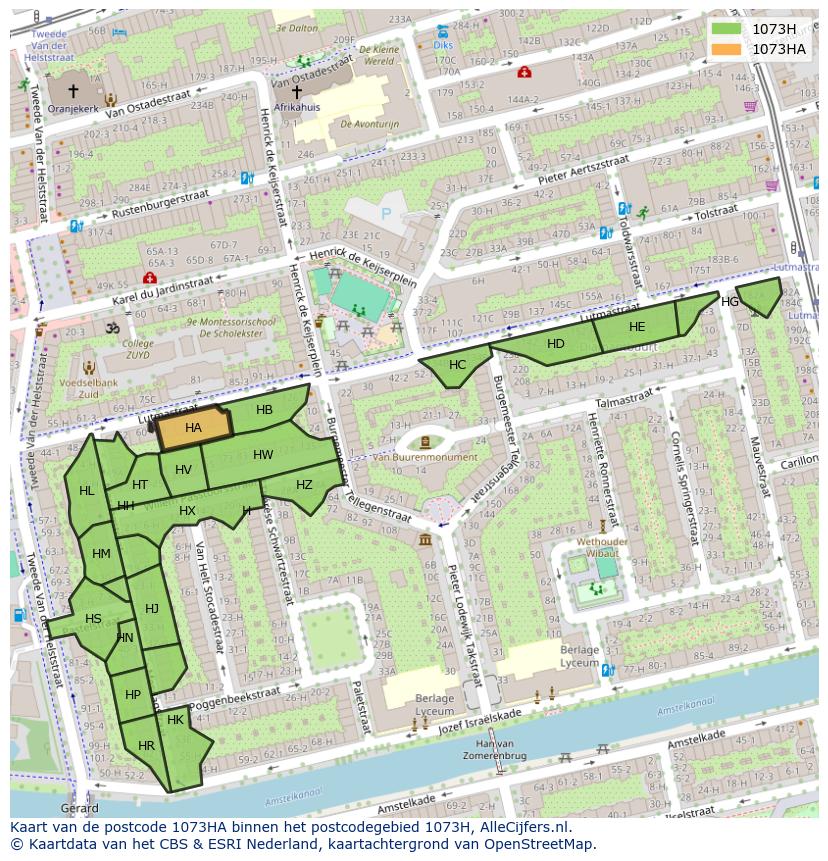 Afbeelding van het postcodegebied 1073 HA op de kaart.