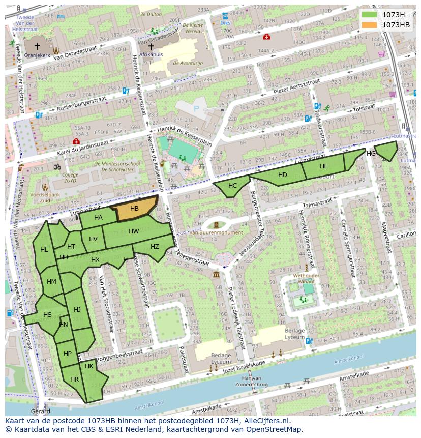 Afbeelding van het postcodegebied 1073 HB op de kaart.